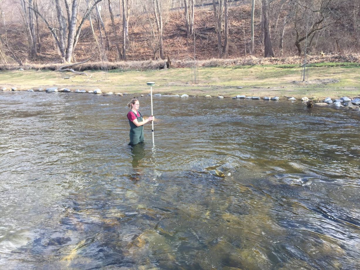 In this photo, Princeton Hydro team member gathers data on the Hughesville Dam removal, using GPS to check the elevation of the constructed riffle on the beautiful Musconetcong River.