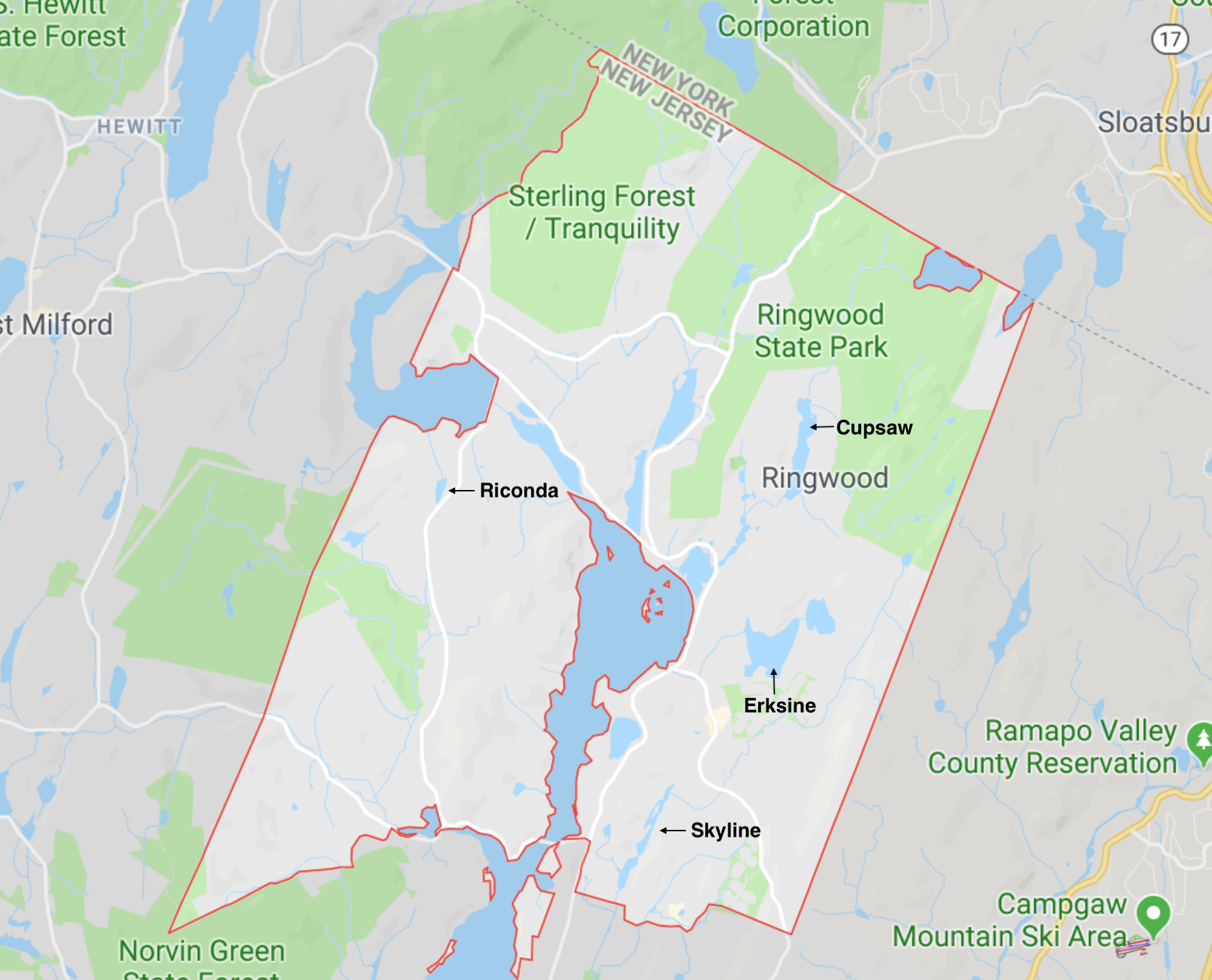 Map showing the four private lakes involved in the Borough of Ringwood's regional holistic watershed management plan.