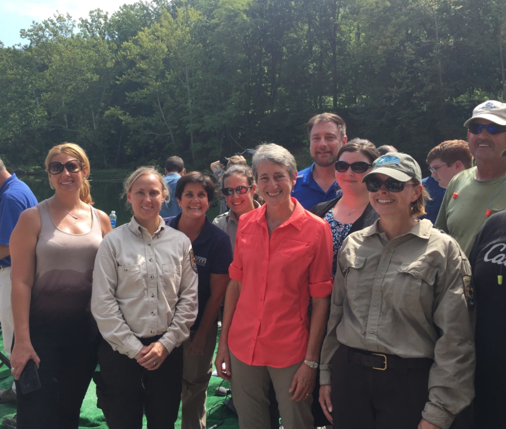 Dam removal project partners and community members pose with Sally Jewell at the Hughesville Dam removal event on Sept. 8, 2016. Photo Credit: USFWS.
