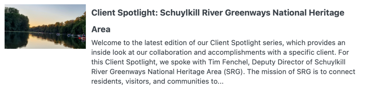 Link to Client Spotlight Blog with Schuylkill River Greenways