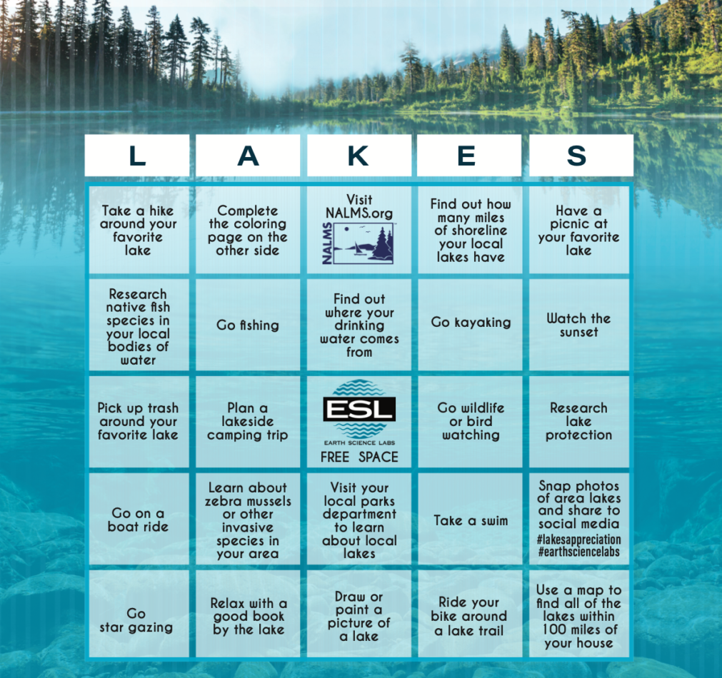 Bingo Card designed by NALMS to celebrate Lakes Appreciation Month