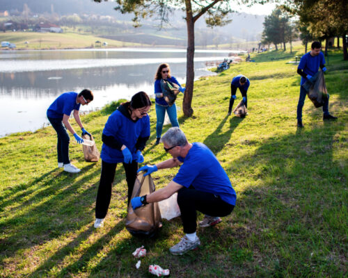 Volunteers clean up trash next to lake
