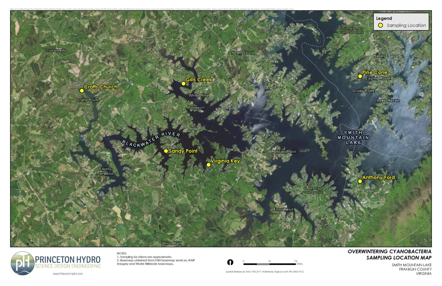 This map identifies the locations of each of the six sampling sites at Smith Mountain Lake